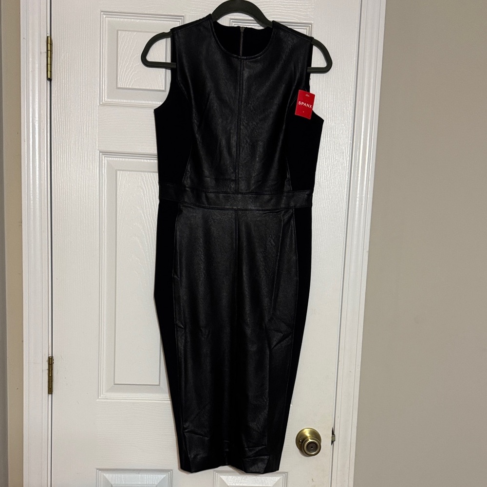 SPANX Black Faux Leather Midi Dress NWT size small